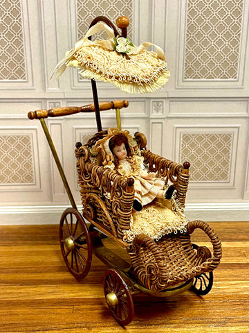 B J Ruemeli Wicker Stroller with Doll