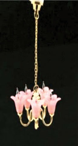 5 Arm Up Pink Tulip Shade Chandelier with Wand, LED, Brass