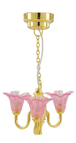 3 Arm Up Pink Tulip Shade Chandelier with Wand, LED, Brass