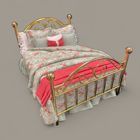 Brass Bed with  Soft Green Floral Linens