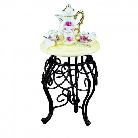 Metal Side Table with Rose Tea Service
