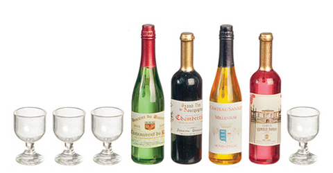 Set of Four Wine Bottles and Glasses