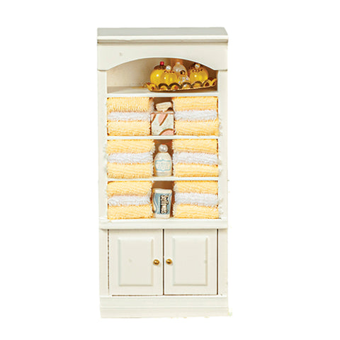 Bath Shelves with Yellow Linens and Accessories