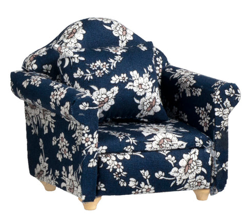 Arm Chair with Pillow, Navy and White Floral