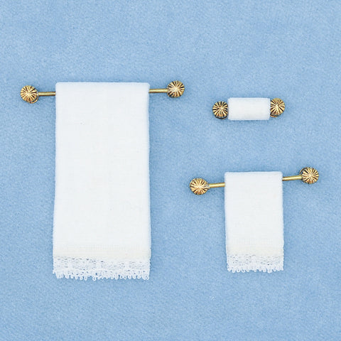 Three Piece Brass Bath Towel Bars with White Towels