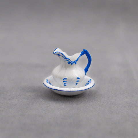 Wash Bowl and Pitcher, White with Blue