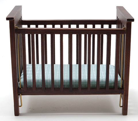 Slatted Nursery Crib, Walnut with Blue Fabric