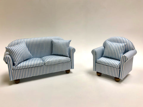Sofa and Chair, Blue and White Stripe