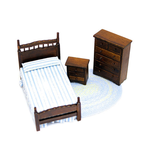 Three Piece Twin Bedroom Set, Walnut and Blue