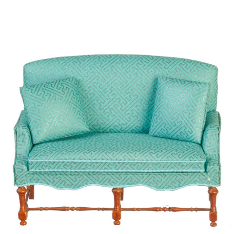 Settee, Jacobean, Teal and Purple Interlocking Pattern Silk with Walnut Finish