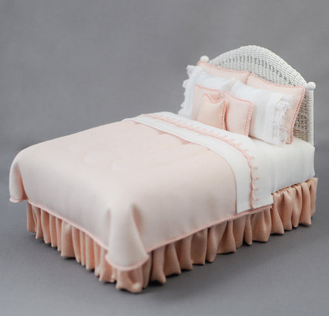 Double Bed, White Wicker and Soft Peach Linens ON SALE