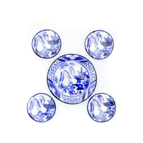 Blue and White Porcelain Dishes by Jerry Floor, Five Piece Set