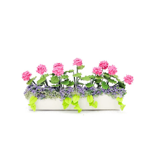 Flower Box, Pink Geraniums and Purple Accents