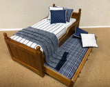 Trundle Bed, Walnut with Blue and White Stripe
