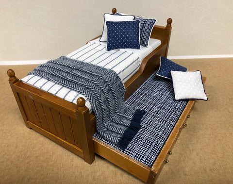 Trundle Bed, Walnut with Blue and White Stripe