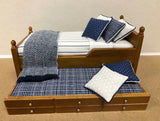 Trundle Bed, Walnut with Blue and White Stripe