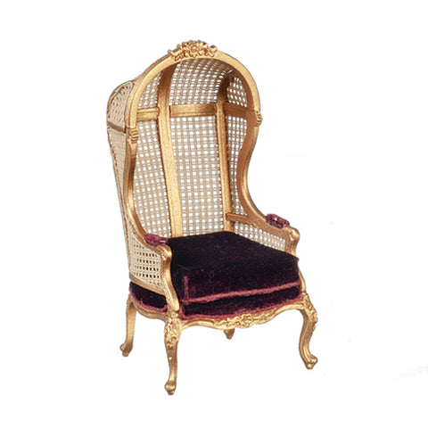 Hooded Porter Chair with Cane Back,  Gold with Red Velvet