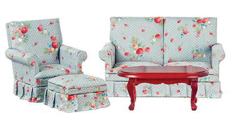 Living Room Set, Blue Chintz, Four Piece Set, Mahogany