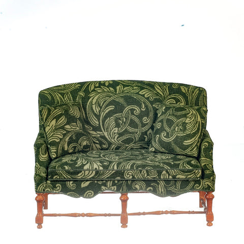 Settee, Jacobean, Green on Green Silk with Walnut Finish