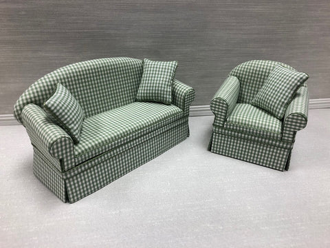 Lee's Line Green and White Check Sofa and Chair