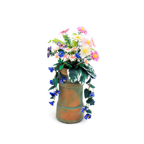 Pedestal Urn with Gerber Daisies, Morning Glory, Zinnia, Ferns and Hosta Leaves