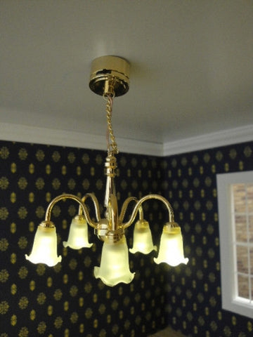 Chandelier, Five Arm Downward Tulip Shades, Battery Powered