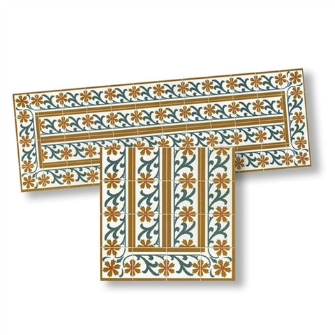 Mosaic Tile Border, Green, Gold, Red Matte Tones