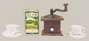 Coffee Grinder Set with Cups and Saucers