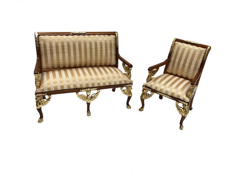 Empire Settee and Two Chair Set, Walnut and Gold Finish