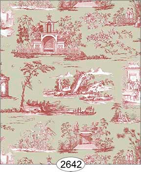 Wallpaper Rose Hill Toile Red on Khaki