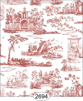 Wallpaper Rose Hill Toile Red on White
