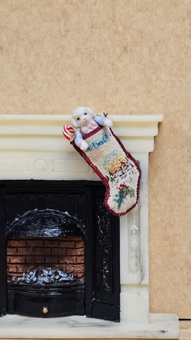 Lamb Doll in Christmas Scene Stocking by Sherredawn Miniatures