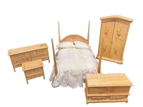Six Piece Oak and Floral Bedroom Set