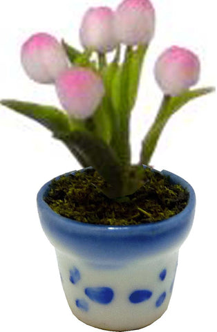 Pink Tulips in Blue Design Pot