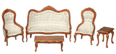 Victorian Living Room, 5 Piece Set, Walnut and White Silk