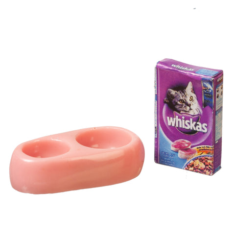 Cat Food Set, Pink Bowl and Box of Food