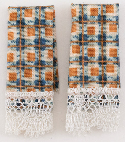 Kitchen Dish Towels, Set of Two, Country Blue and Orange