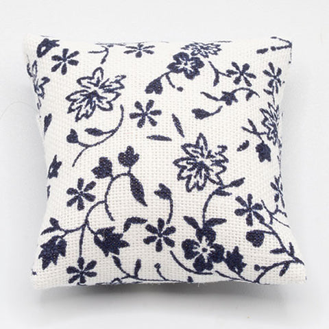 White Pillow with Blue Vines and Flowers