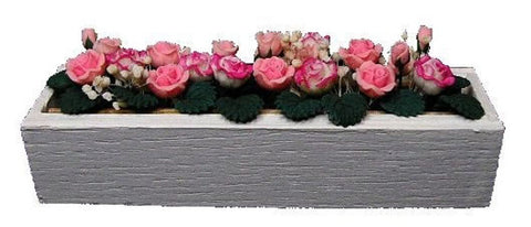 Flower Box, Pink/White Roses and Baby's Breath, White painted Box