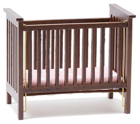 Slatted Nursery Crib, Walnut with Pink Fabric