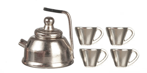Silver Tea Kettle with Four Cups