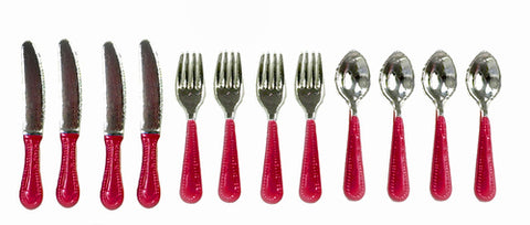 Red Handled Silverware Set, Four Complete Place Settings