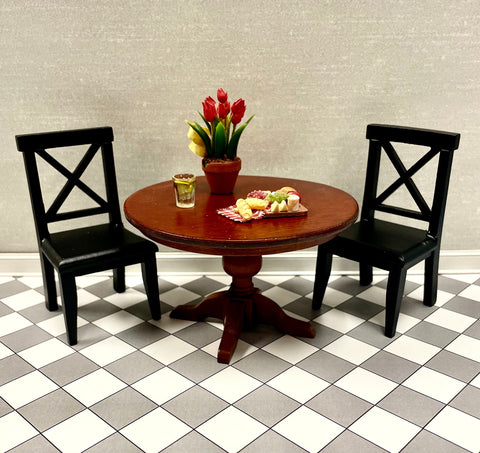 Round Table and Two Cross Buck Chairs, Spice and Black