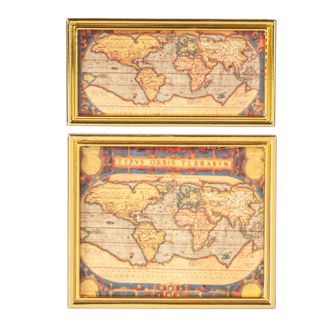 Set of 2 World Maps in Gold Frames