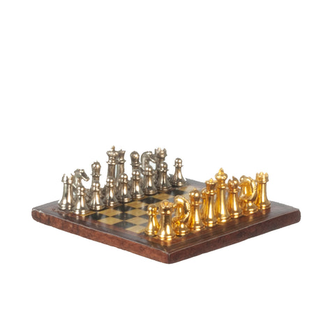 Chess Board With Metal Pieces, Wooden Board
