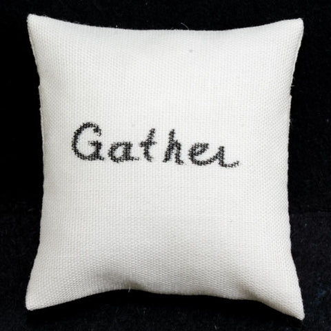 Ecru Pillow with Black Writing, Gather