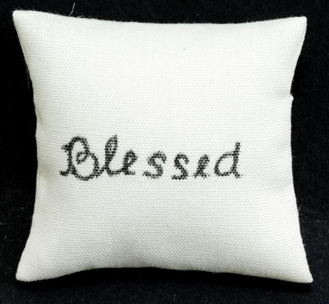 Ecru Pillow with Black Writing, Blessed