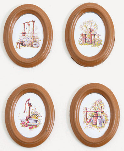 Framed Oval Country Prints, 4 pcs