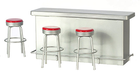 1950's Counter with 3 Stools, Silver and Red