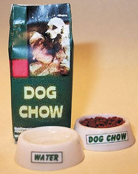 Small Bag of Dog Food with Bowls of Food and Water.